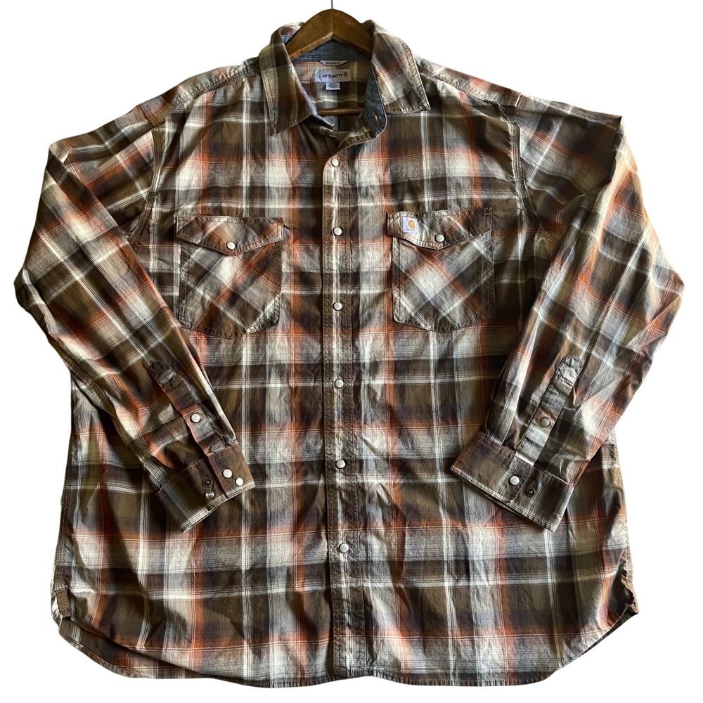 Carhartt Pearl Snap Shirt Mens 2XL Brown Plaid Relaxed Fit Western Workwear